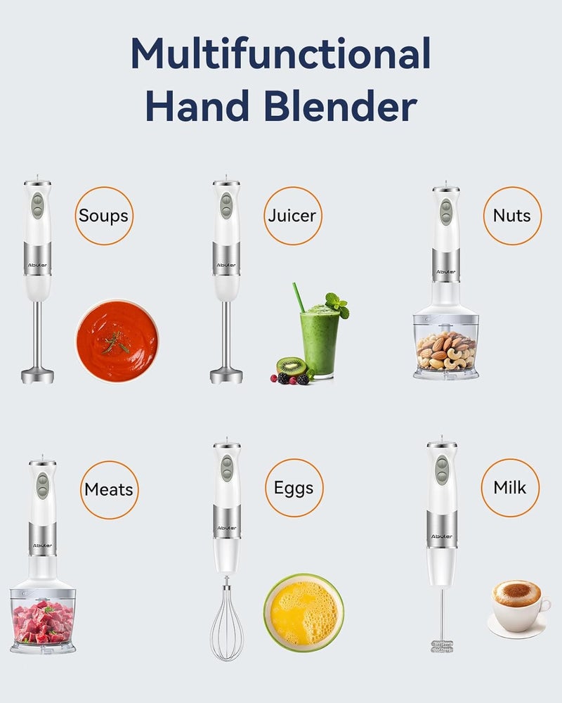Abuler Immersion Blender Handheld 1000W 5 in 1 Corded Stick Hand Blender Kitchen with 12 Speed, BPA-Free, Mixing Beaker, Chopper, Whisk, Milk Frother, Perfect Emulsifier for Soup, Baby Food, Sauce, Puree - Image 5